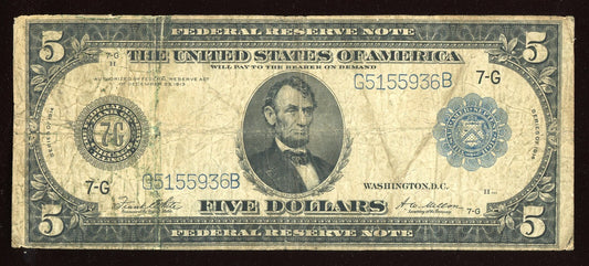 1914 $5 Federal Reserve Note Large Size Blue seal