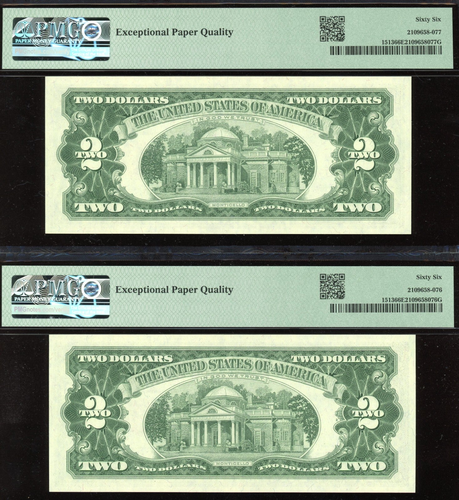 Set of 2 Consecutive 1963 $2 Dollar Notes Red Seal "Uncirculated" PMG 66