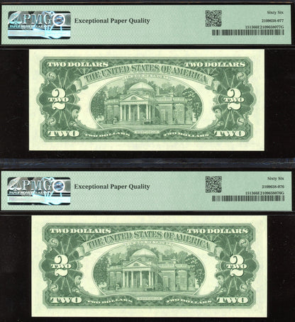 Set of 2 Consecutive 1963 $2 Dollar Notes Red Seal "Uncirculated" PMG 66