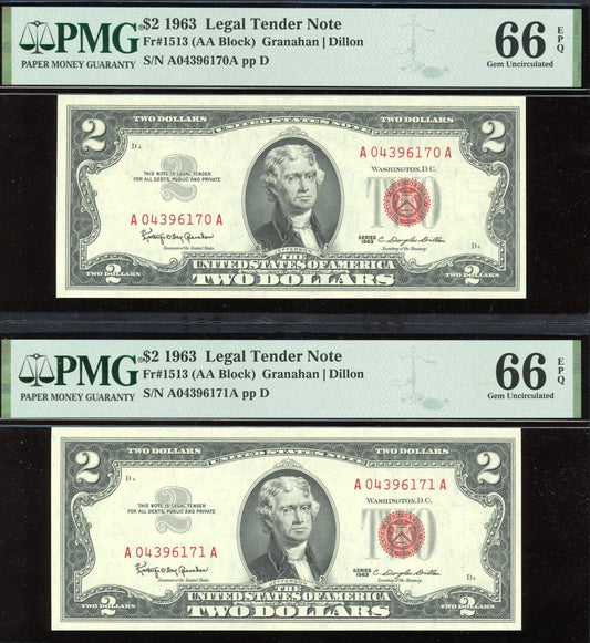 Set of 2 Consecutive 1963 $2 Dollar Notes Red Seal "Uncirculated" PMG 66