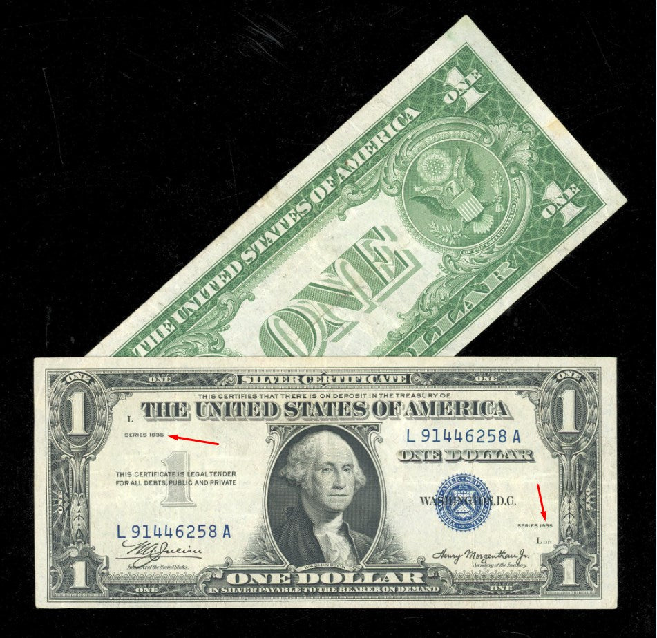 $1 Silver Certificate Series 1935 NO Mint Mark, Dated Twice on Right and Left, Rare Note! (Select Your Condition)
