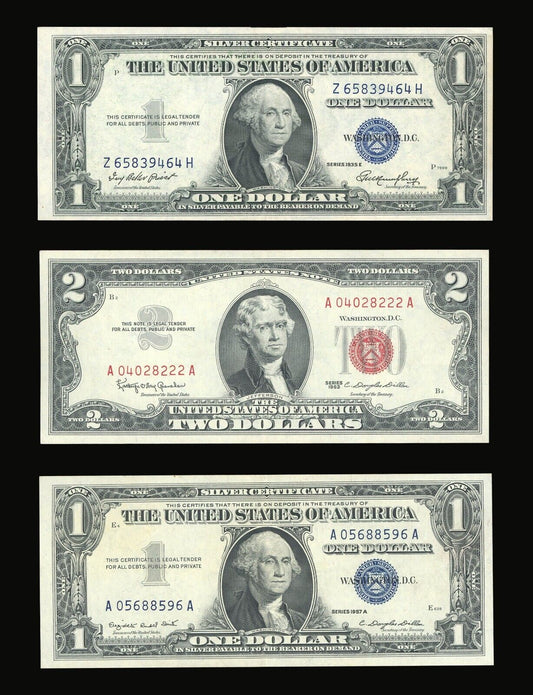 Set of Old US Paper Money and Silver Certificates, $1 1957, $1 1935, $2 1963 Red Seal (Select your Condition)