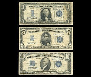 1934 Set of 3 Silver Certificates $1 Funny Back $5 and $10 Blue Seal Rare Set.