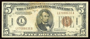 1935 A $5 Federal Reserve Brown Seal Hawaii Emergency Note 5 Dollar Bill
